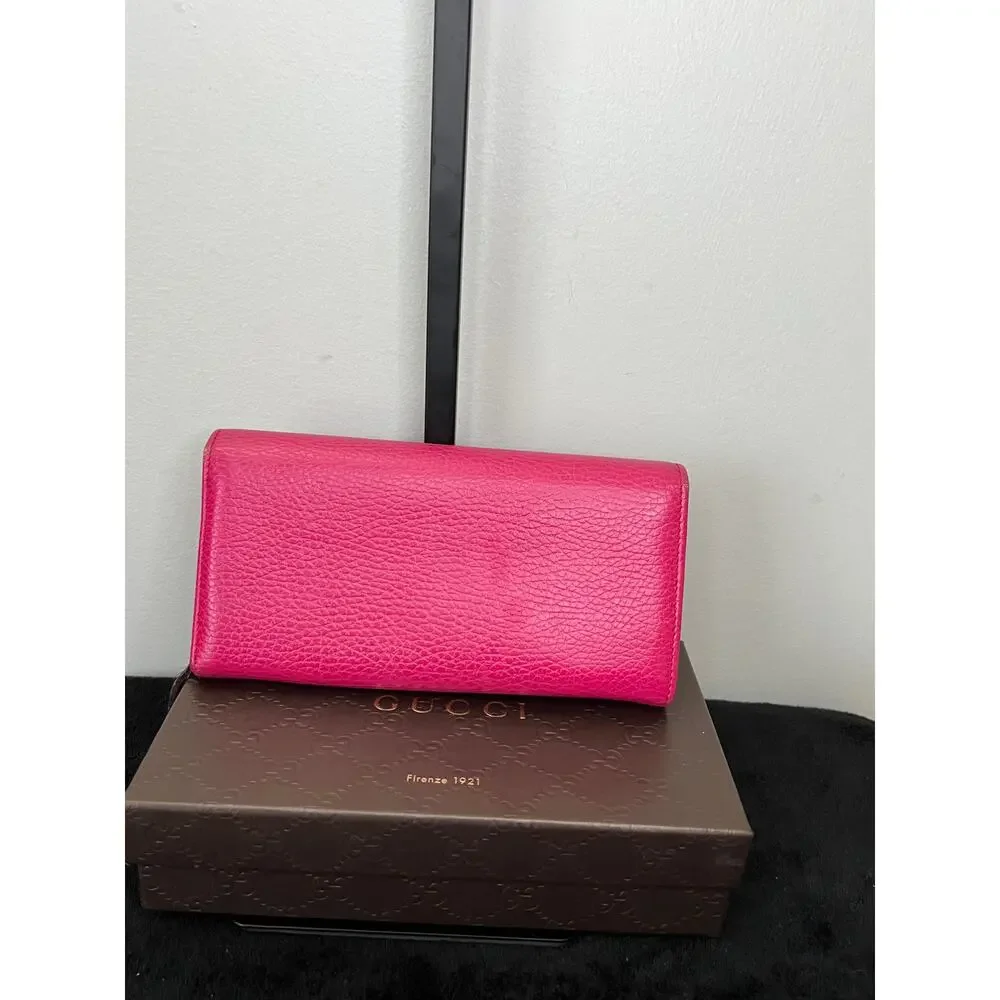 Gucci Pink Pebbled Leather Continental Wallet Box Card Chain Italy 354498